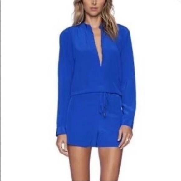 Karina Grimaldi Silk Romper Zip Front High Neck Lace Accent Cobalt Blue Size M - Picture 2 of 16
